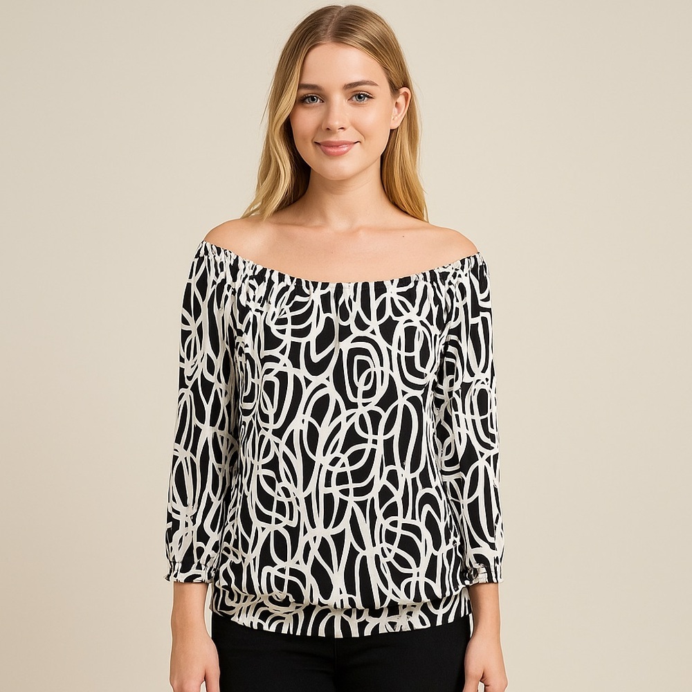 Anne Klein Black White Abstract Off Shoulder Stretch Knit Top Size Small